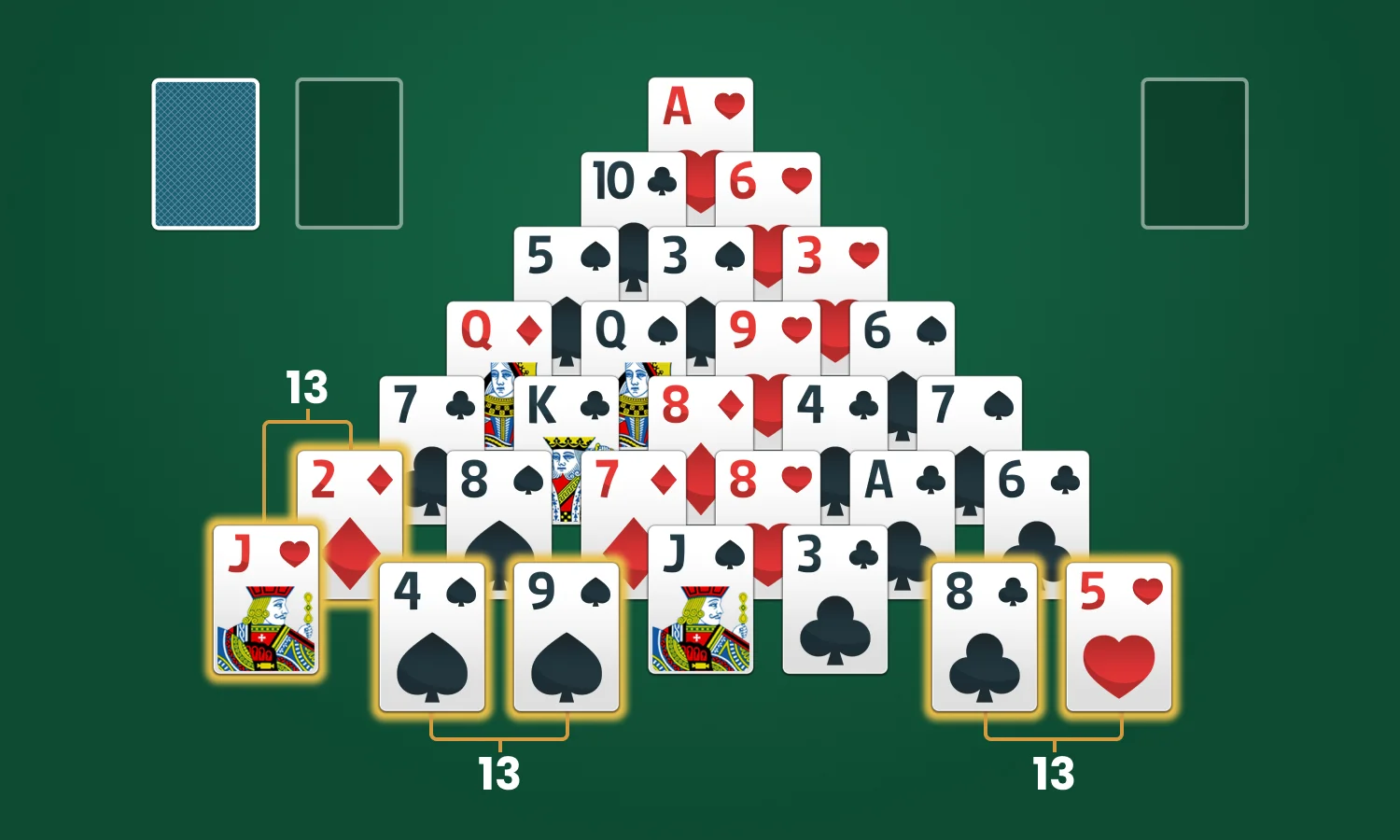 Comment jouer au Pyramide Solitaire: Associer les cartes qui totalisent 13