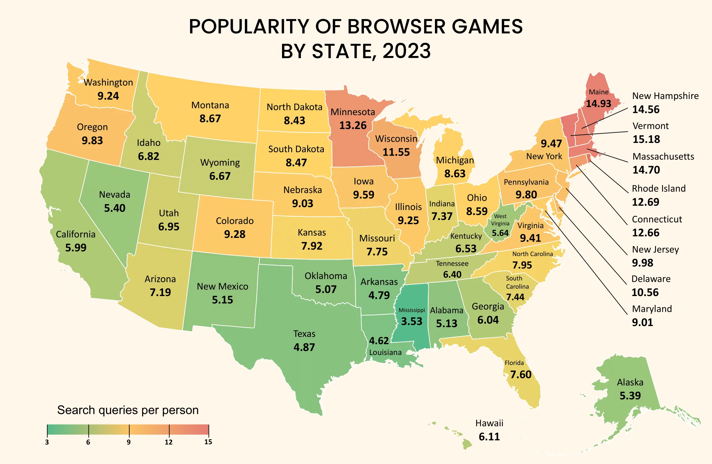 Popularity of browser games by states, 2023
